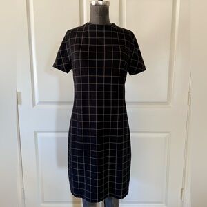 Theory Grid Ponte Shift Dress Back Zip Short Sleeve Black White Size M